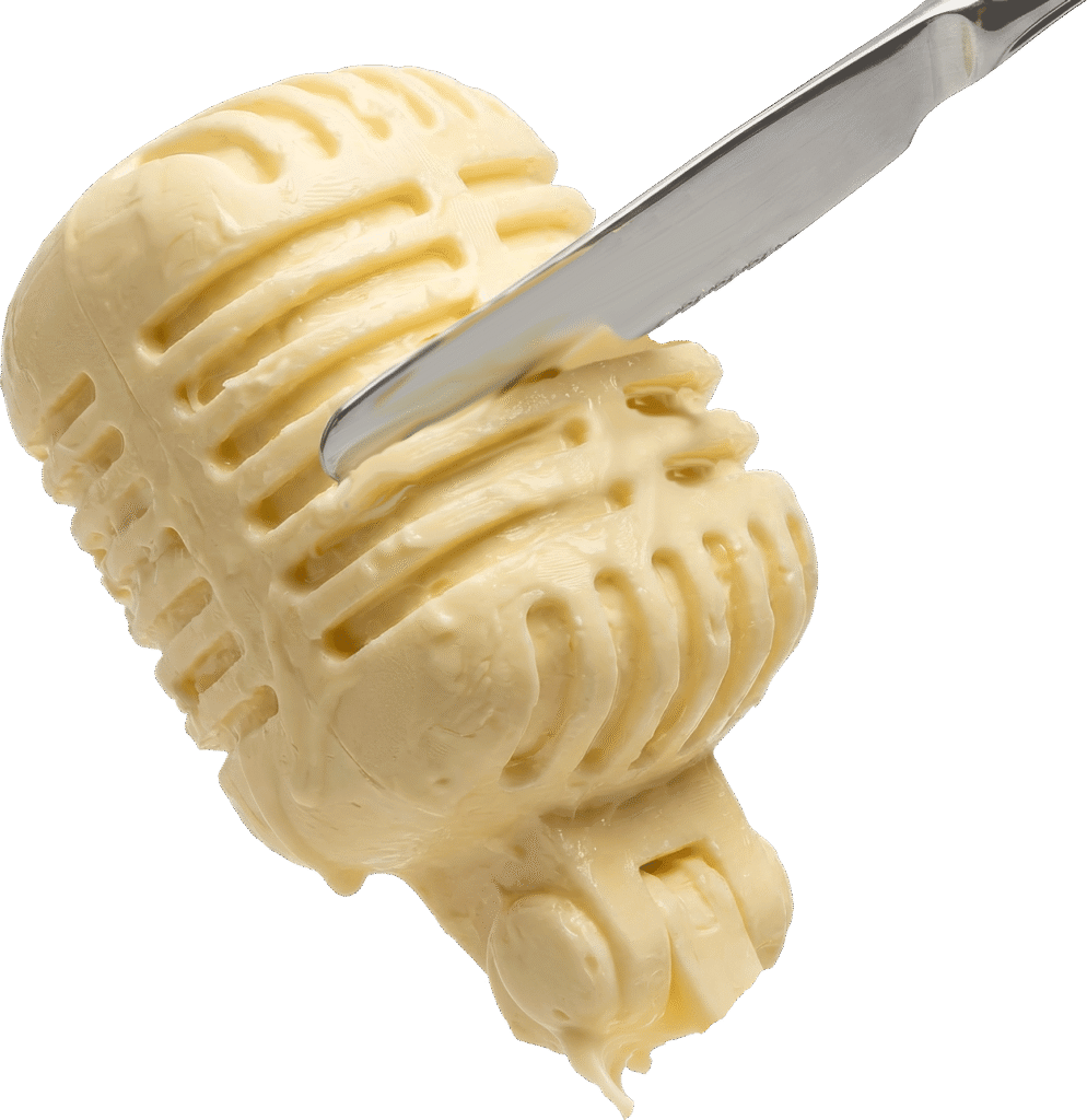 An old fashioned microphone made obutter being sliced by a knife.